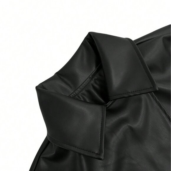 Black Elegant Women's Faux Leather Trench Coat - Picture 4 of 6